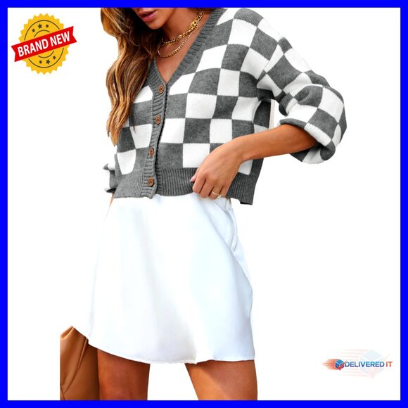 Cropped Cable Knit Cardigan V Neck Button Down Long Sleeve Checkered Y2K